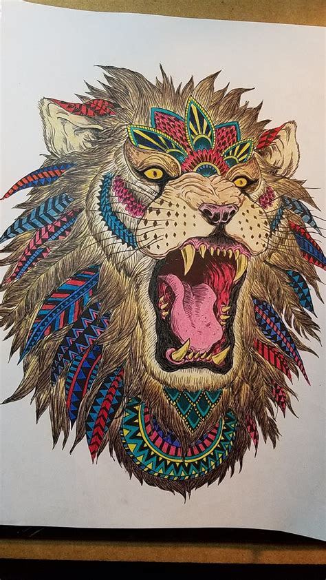 roaring lion colored  andrew gebbia color pencil art lion painting lion mandala