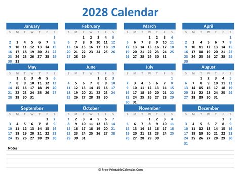 2028 Yearly Calendar With Notes Horizontal Layout