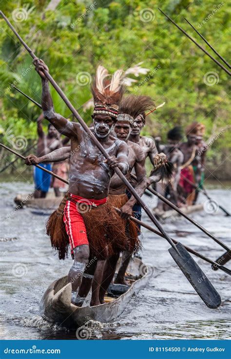 Warriors Asmat Tribe Are Use Traditional Canoe Editorial Image Image