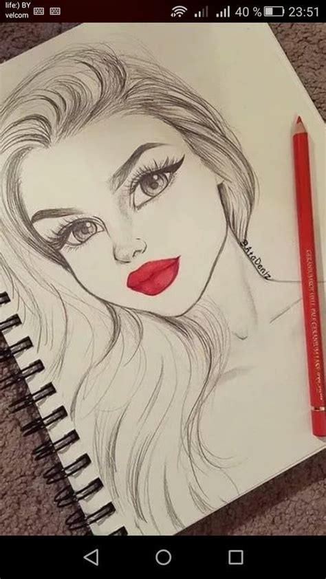 A Drawing Of A Womans Face With Long Hair And Red Lipstick Is Shown