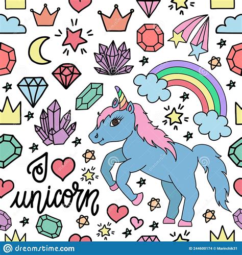 Hand Drawn Seamless Pattern With Unicorns Rainbows Crystals And Other