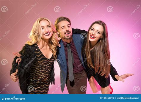Cheerful Man With Two Girlfriends Stock Image Image Of Beautiful