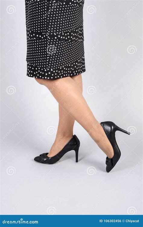 Woman Wearing Black Leather High Heel Pumps 2 Stock Photo Image Of