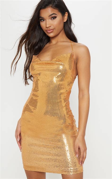 Gold Cowl Neck Sequin Bodycon Dress Prettylittlething