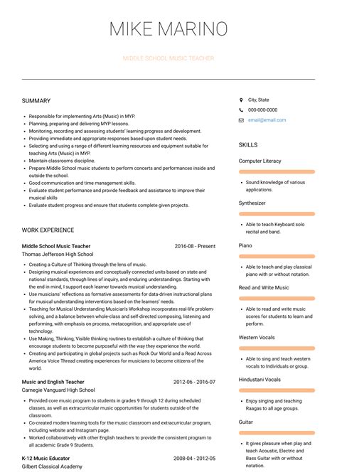 Our teacher resume samples and writing tips will guide you through the process, so you can get started straightaway. Music Teacher - Resume Samples and Templates | VisualCV