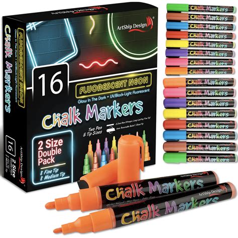 16 Fluorescent Neon Chalk Markers Uv Glow In The Dark Double Pack Of