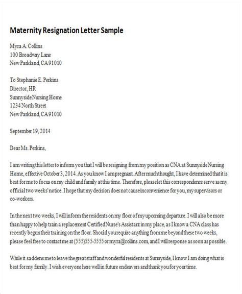 Free 4 Sample Maternity Resignation Letter Templates In Pdf Ms Word