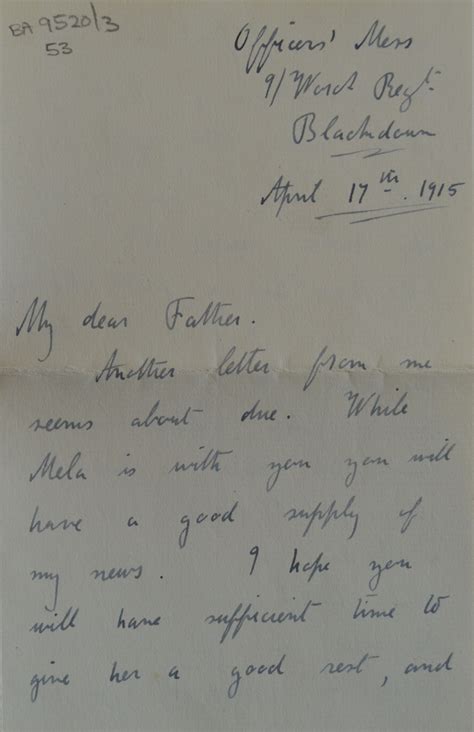 April 17th 1915 Letter From Cyril Sladden To His Father Julius