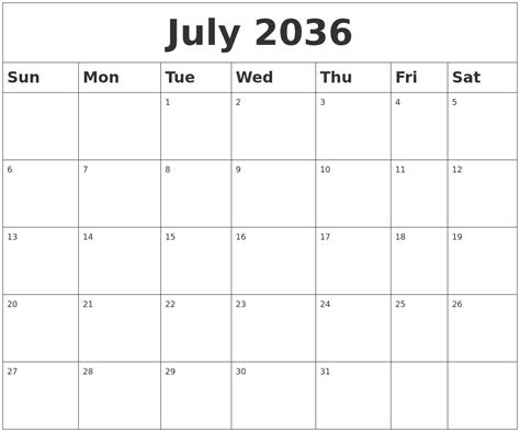 July 2036 Blank Calendar