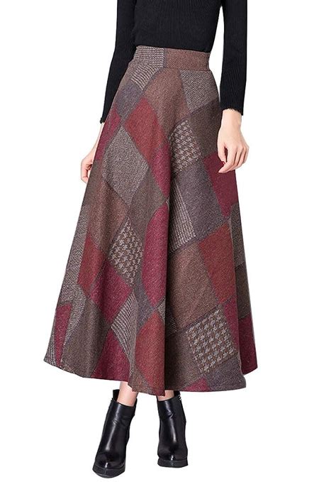 Buy Daxvens Women Long Plaid Skirt With Pockets Wool Blend High Waist