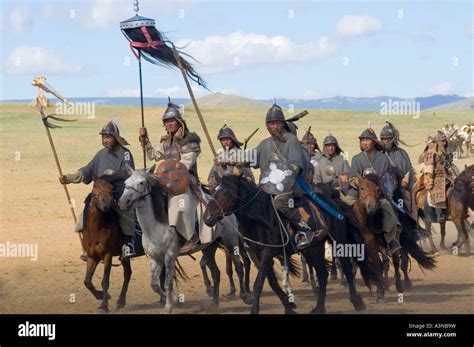 Armed Mongolian Cavalry With Black Yak Tail War Banners Including A