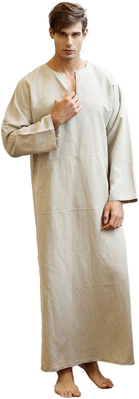 7 Veils Mens Natural Linen Robe Casual Caftan Cotton Thobe