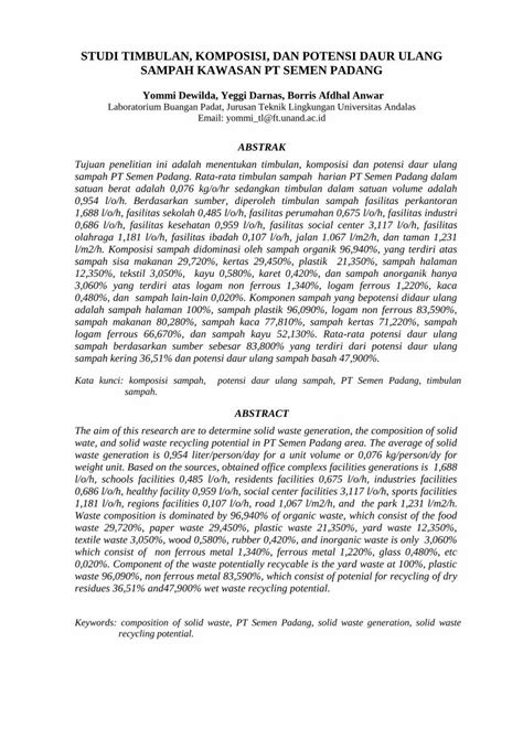 Studi Timbulan Komposisi Dan Potensi Daur Ulang Sampah Kawasan Pt Hot