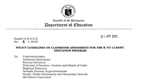 Deped Order 8 S 2015 Guidelines On Classroom Assessment