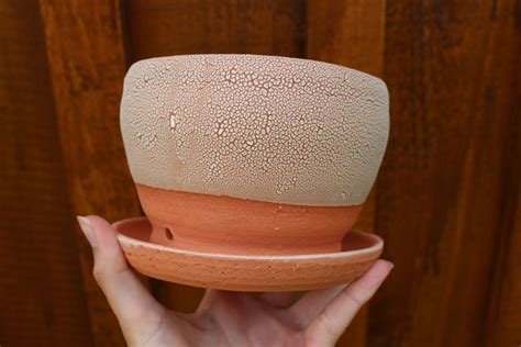 White Crackle And Red Clay Ceramic Planter With Drainage Tray Attached