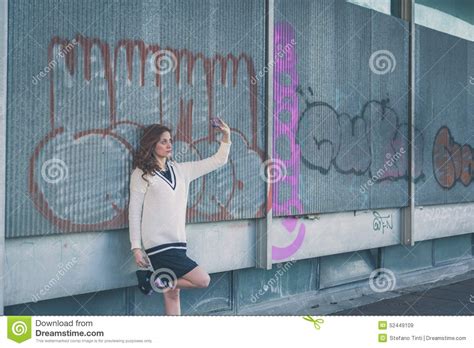 Beautiful Girl Taking A Selfie In An Urban Context Stock Image Image Of Outfit Redhead 52449109