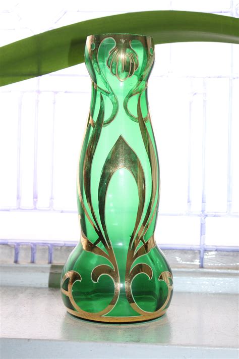 Antique Art Nouveau Glass Vase Emerald Green With Gold