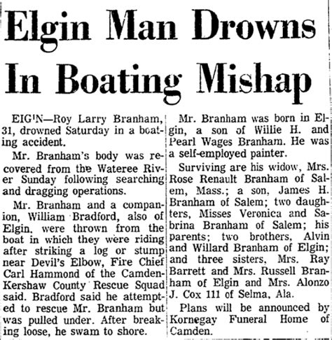 elgin man drowns in boating mishap kershaw county south carolina history