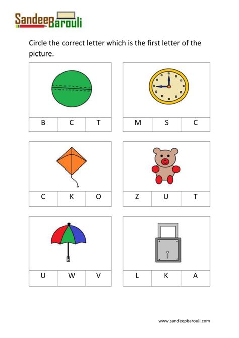 Kids vocabulary / picture books (pdf ebooks). Circle the correct letter which is the first letter of the ...