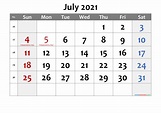 Free Printable July 2021 Calendar with Holidays – Free Printable 2021 ...