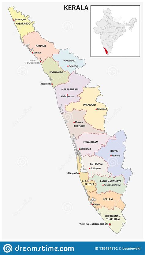 It is a narrow strip of coastal territory that slopes down the western ghats in a cascade of lush, green vegetation and reaches the arabian sea. Administrative And Political Map Of Indian State Of Kerala, India Stock Vector - Illustration of ...