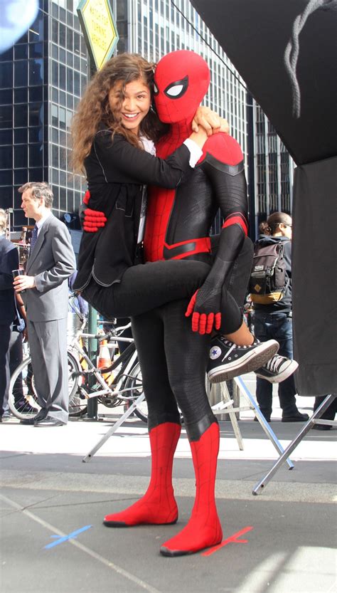 Zendaya (actor), tom holland (actor), jon watts (director) & 0 more rated: Zendaya At the Spider-Man Far from Home movie set outside ...