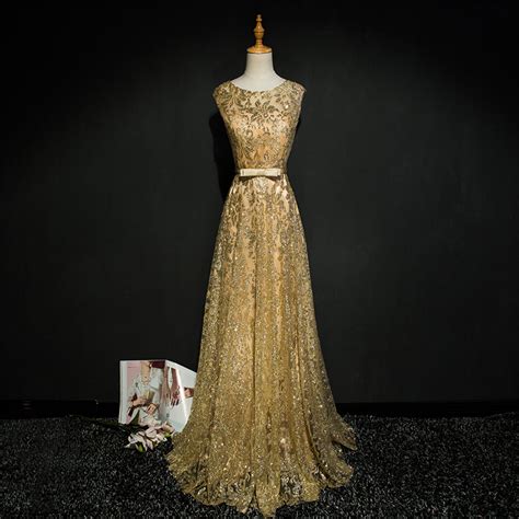 Gold Lace Sequins And Embroidery Long Prom Dresses Elegant Formal