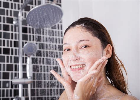 Woman Washing Face In Shower Foaming Stock Image Image Of Hotel Home