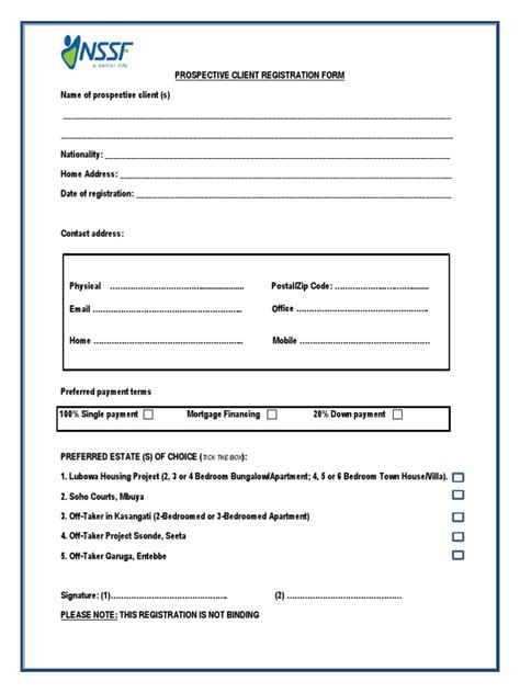 Registration Form For Prospective Buyers Nssf Housing Projects 2016 Pdf