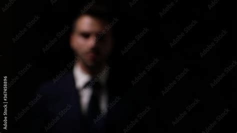 Mysterious Babe Elegant Man Showing From Dark Adjusting Suit And Tie Passing Fingers Through