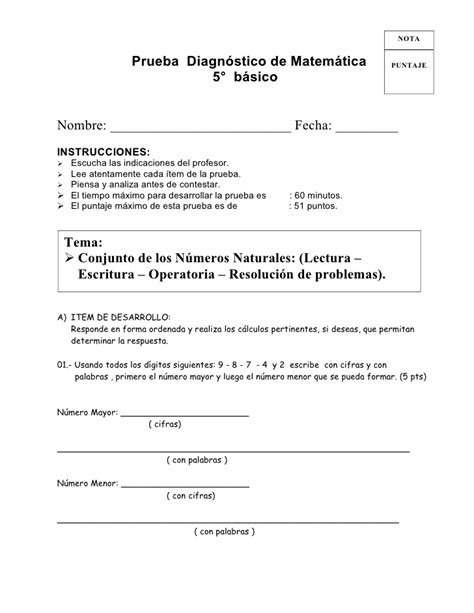 Las respuestas a las preguntas se proporcionan y se encuentran al final de cada página. Prueba diagnostico matematica 5to