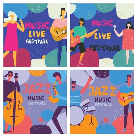 Jazz Music Festival Poster In Flat Design With Musicians Playing Music