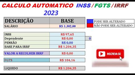 CALCULO DE INSS IRRF FGTS 2023 ATUALIZADA YouTube