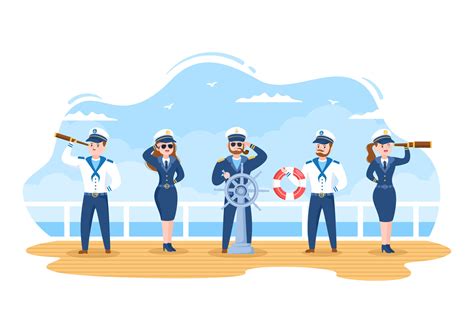 Cruise Ship Captain Cartoon Illustration In Sailor Uniform Riding A