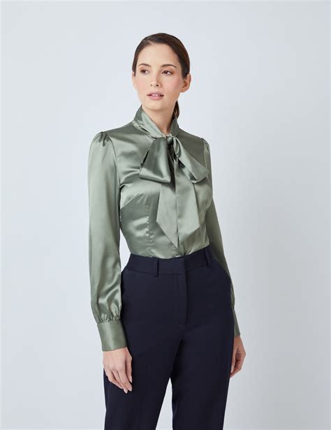 Satin Womens Fitted Blouse With Single Cuff And Pussy Bow In Olive