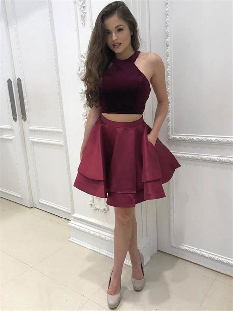 Two Piece Homecoming Dress Halter Burgundy Short Prom Dress Cute Party