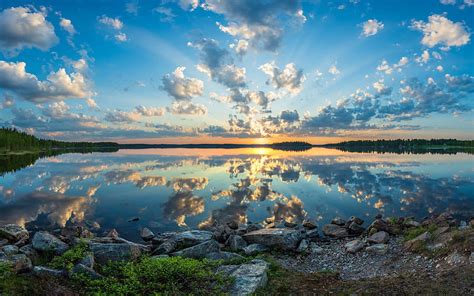 Finland Sunset Stones Lake Coast Beautiful Nature Europe Hd