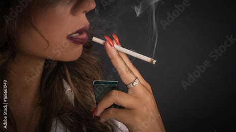 Portrait Of Sexy Elegant Lady Woman Smoking Cigarette Fashion Glamour