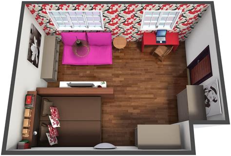 Roomsketcher kostenlos in deutscher version downloaden! Aerial view of a 3D floor plan for a cozy colorful studio apartment with decor from IKEA USA ...