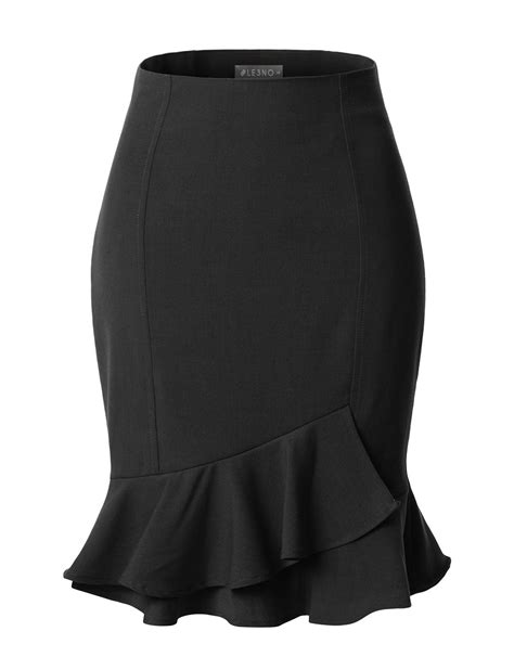 Fitted High Waisted Ruffle Pencil Office Midi Skirt With Stretch Clearance Skirt Fashion