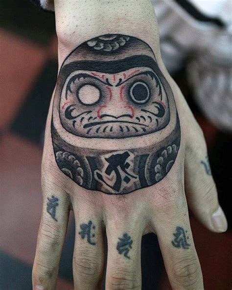 Simple Black And Grey Ink Daruma Doll Male Hand Tattoos Black Crow