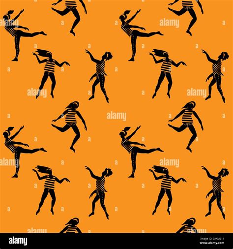 Seamless Pattern With Young Women Dancing In Free Spontaneous Way Simple Black Silhouettes On