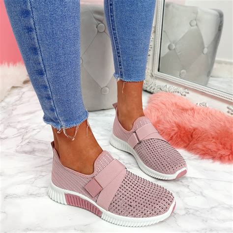 Womens Ladies Knit Slip On Trainers Diamante Studs Women Party Sneakers