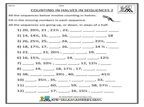 Counting In Halves In Sequences Worksheet For 2nd 4th Grade Lesson
