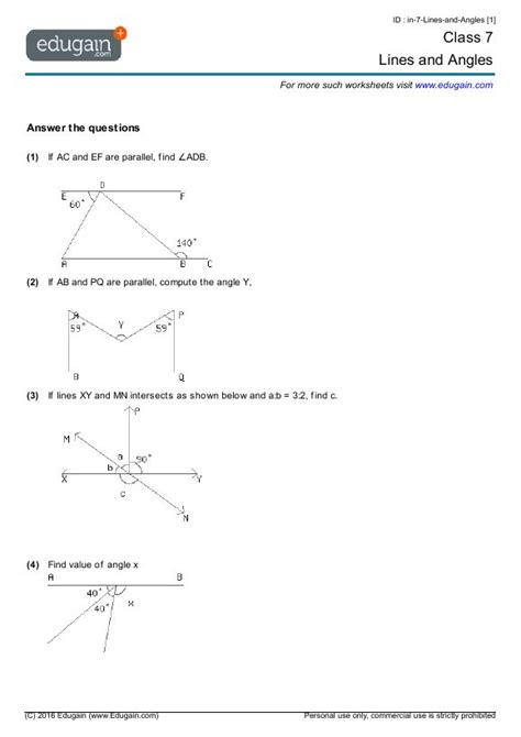 Class 7 Lines and Angles worksheets