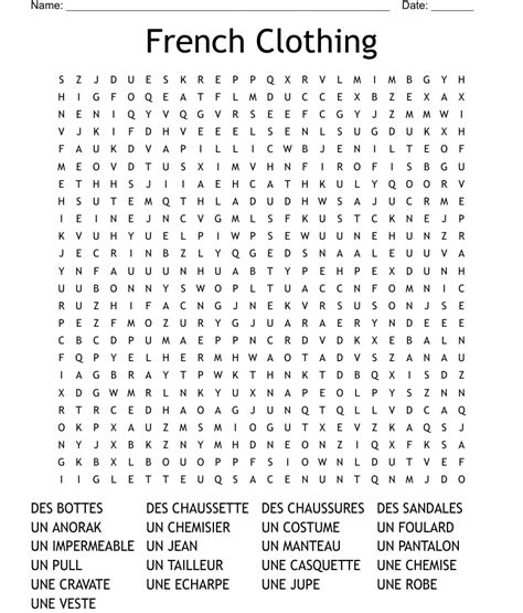 French Clothing Word Search Wordmint
