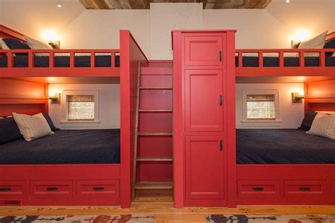 Bold Red Bunk Room Design Long Cove Lake House Bunk Beds Built In