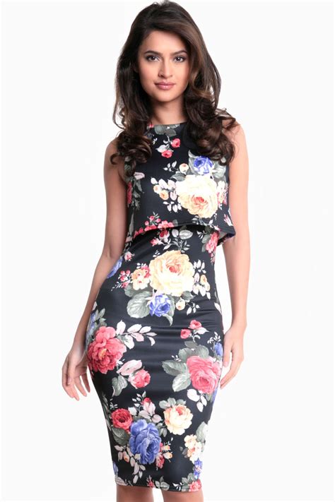 Electra Rose Print Bodycon Dress In Black Iclothing