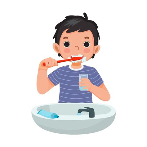 Cute Little Boy Brushing Teeth With Toothpaste Holding A Glass Of Water