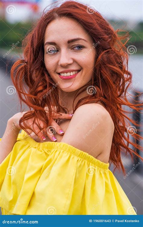 Happy Beautiful Redhead Girl Walking In The Park Stock Image Image
